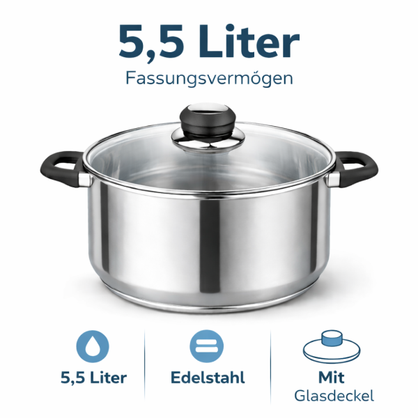 HI - Fleischtopf Sylt Kochtopf Topf aus Edelstahl 5,5 Liter