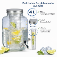 HI - Getränkespender aus Glas mit Zapfhahn Wasserspender 4L
