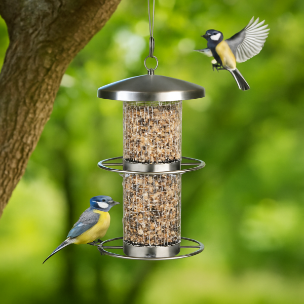 HI - Vogelfutterstation aus Edelstahl zum Aufhängen mit 2 Sitzringen