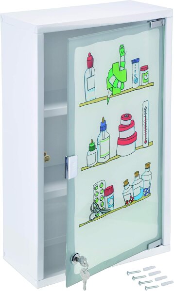 HI - 33283 Medizinschrank Bunte Motive Metall mit Glastür und Schloss in Weiß