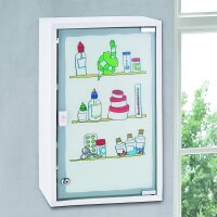HI - 33283 Medizinschrank Bunte Motive Metall mit Glastür und Schloss in Weiß