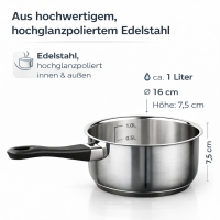 HI - Stielkasserolle Kochtopf Topf Edelstahl 16x7,5cm...