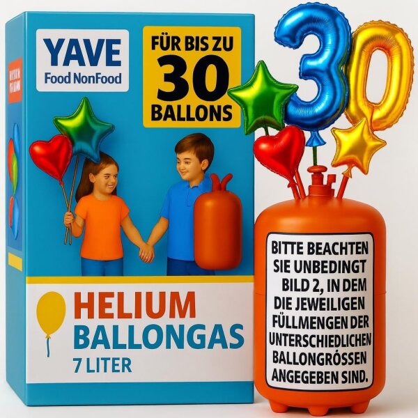 YAVE - Helium Ballongas für bis zu 30 Ballons Heliumflasche für Luftballons