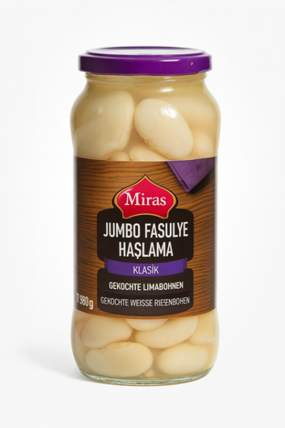 Miras weiße Riesenbohnen vorgekocht im Glas - Limabohnen - Bombay Fasulye 540g