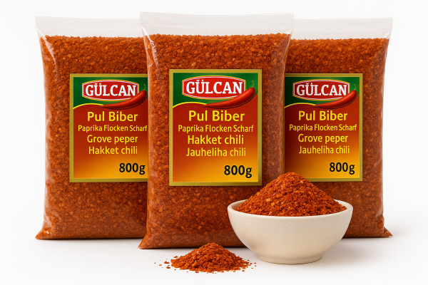 3 x 800g Gülcan XL Beutel Pul Biber scharf  - Chiliflocken Zubereitung - Paprikaflocken