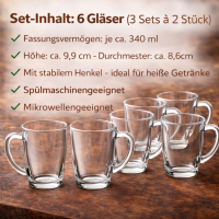 3 x 2er Set - Pasabahce 55531 Teeglas mit Henkel Basic 340ml